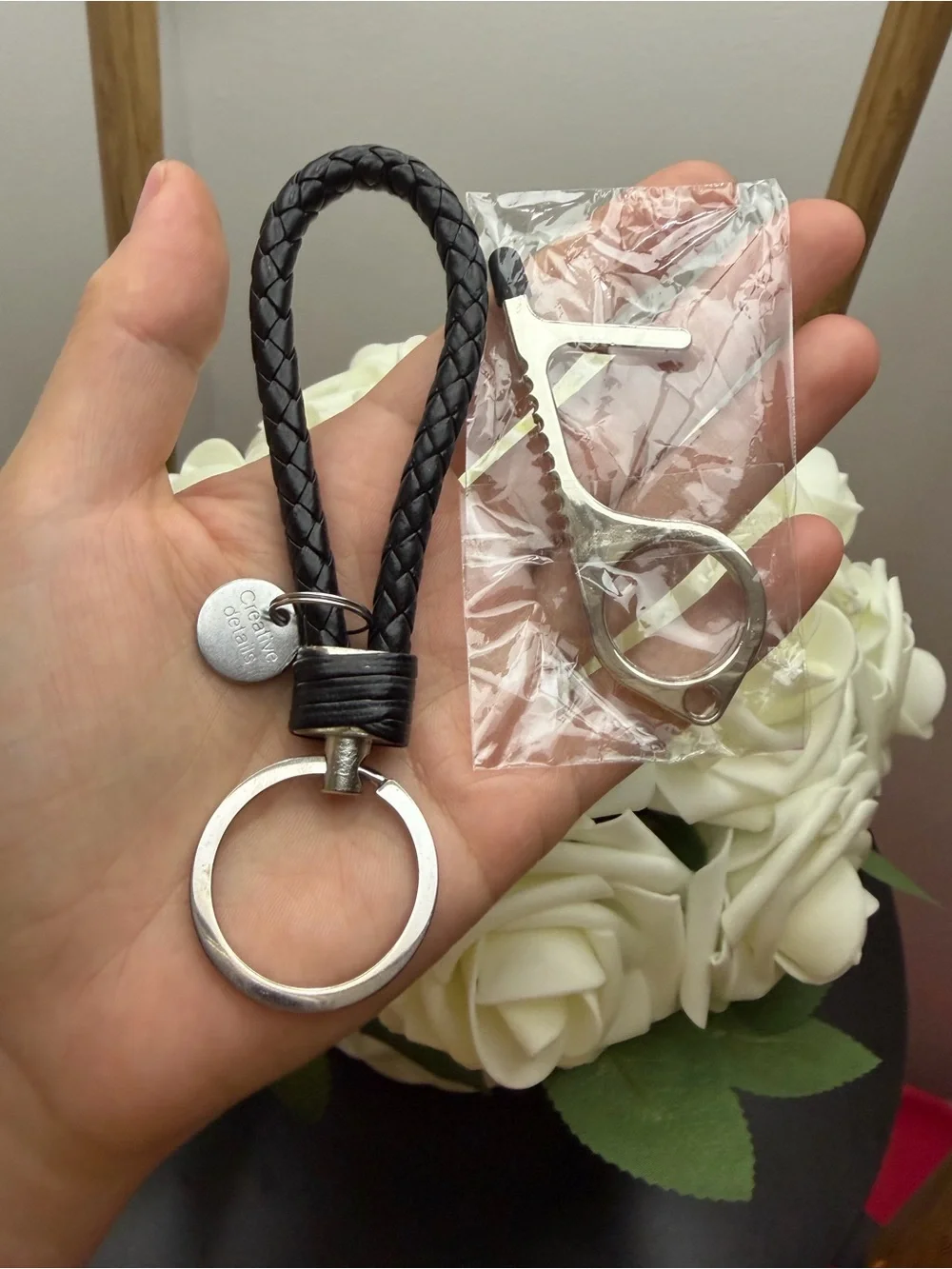 Coach Braided Leather Loop Keyring - Black with Silver Hardware